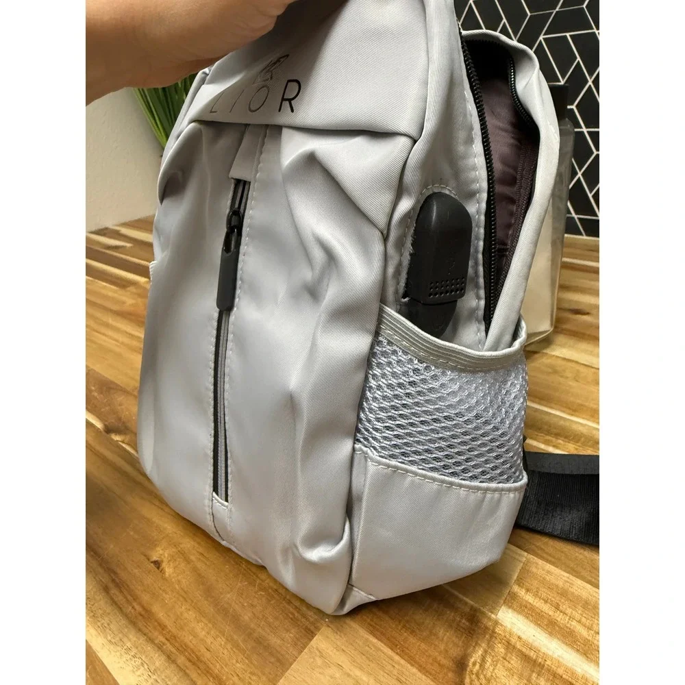 LIOR Gray Sling Backpack USB Charging Crossbody Travel Daypack Unisex